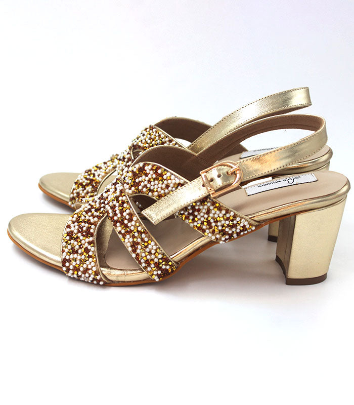 Gazal Motif Work Bridal Heels Golden