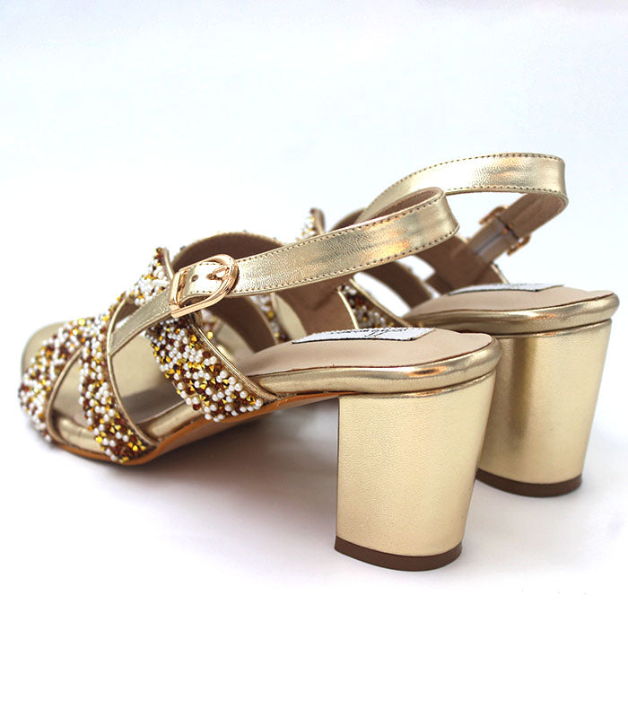 Gazal Motif Work Bridal Heels Golden
