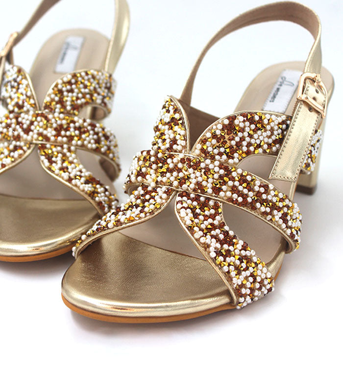 Gazal Motif Work Bridal Heels Golden