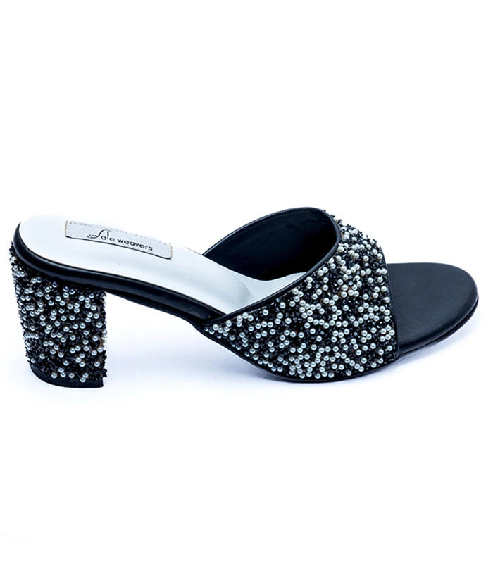 Jumana Motif Work Block Heels Black and Pearl
