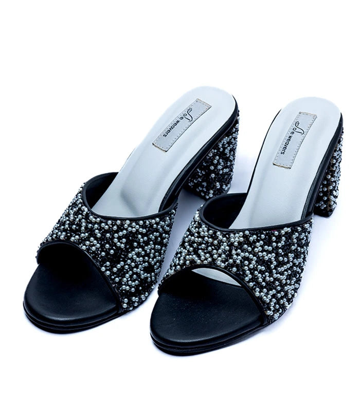 Jumana Motif Work Block Heels Black and Pearl