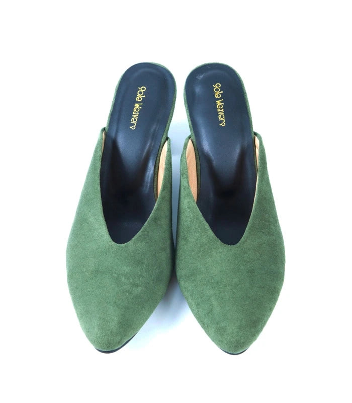 Olivia Mule Block Heels in Olive Green