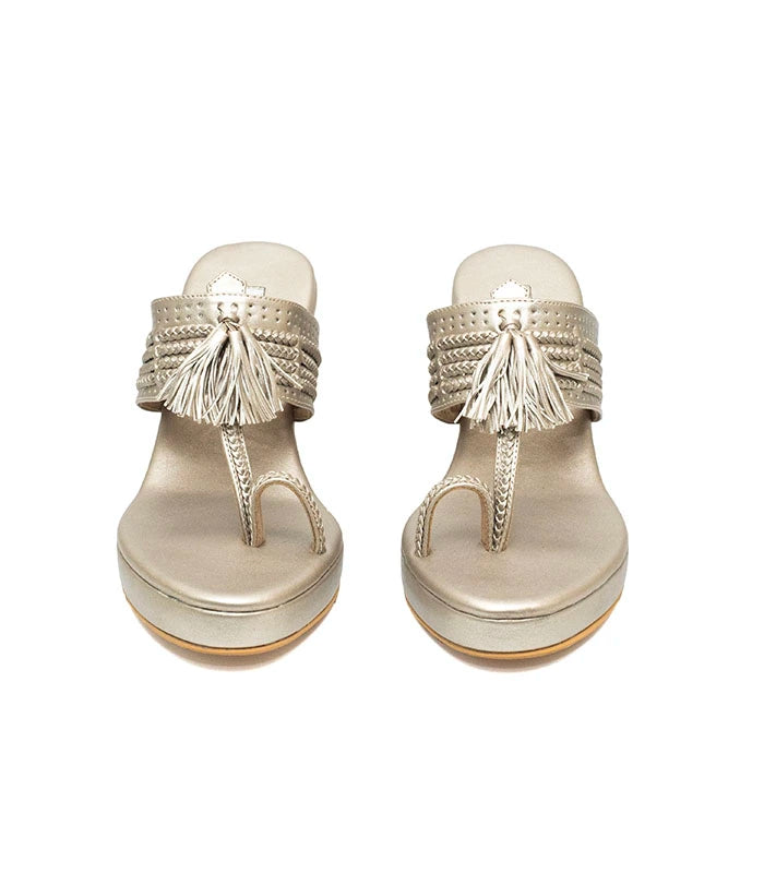 Saaj Kolhapuri Wedge Heels in Pearl Gold