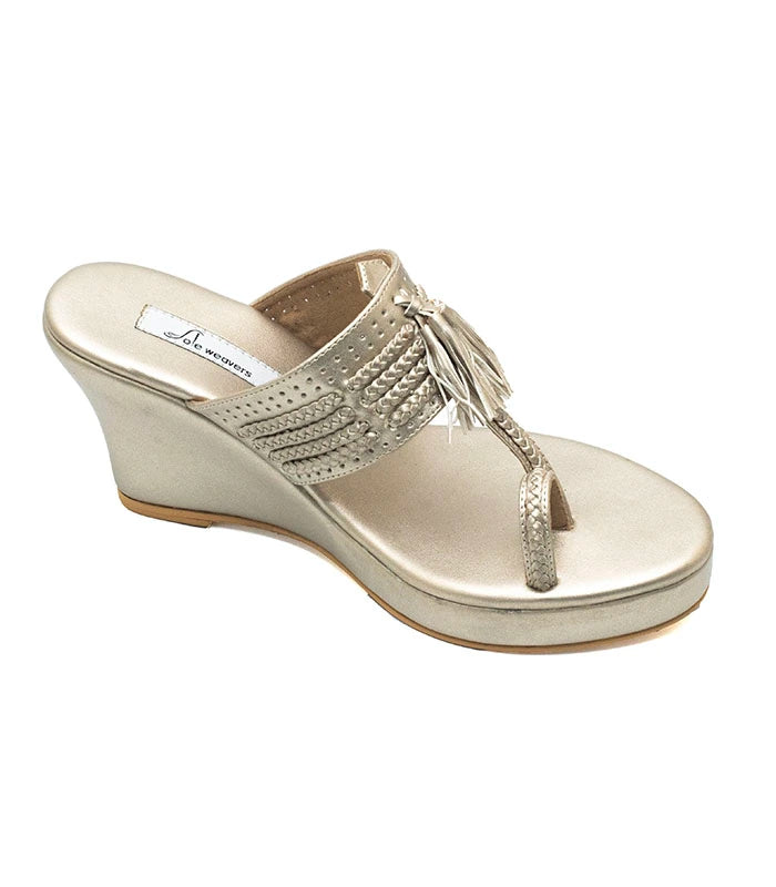 Saaj Kolhapuri Wedge Heels in Pearl Gold