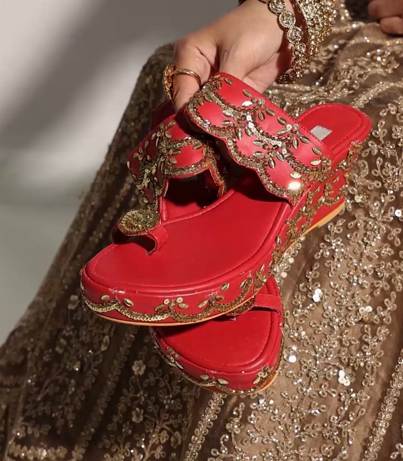 Rubina Tikki Work Hand Embroidered Wedge Heels in Red