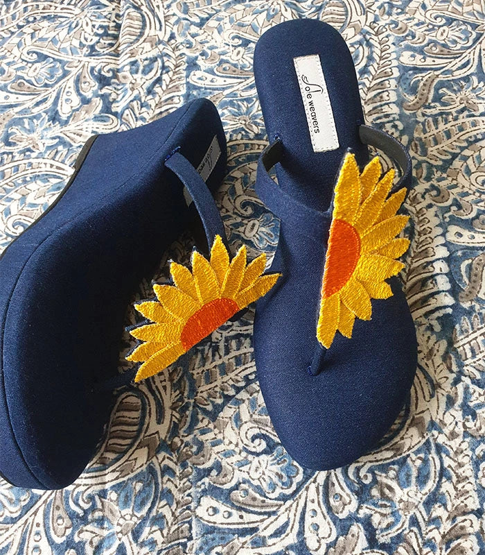 Sunrise Hand Embroidered Cushioned Denim Wedges