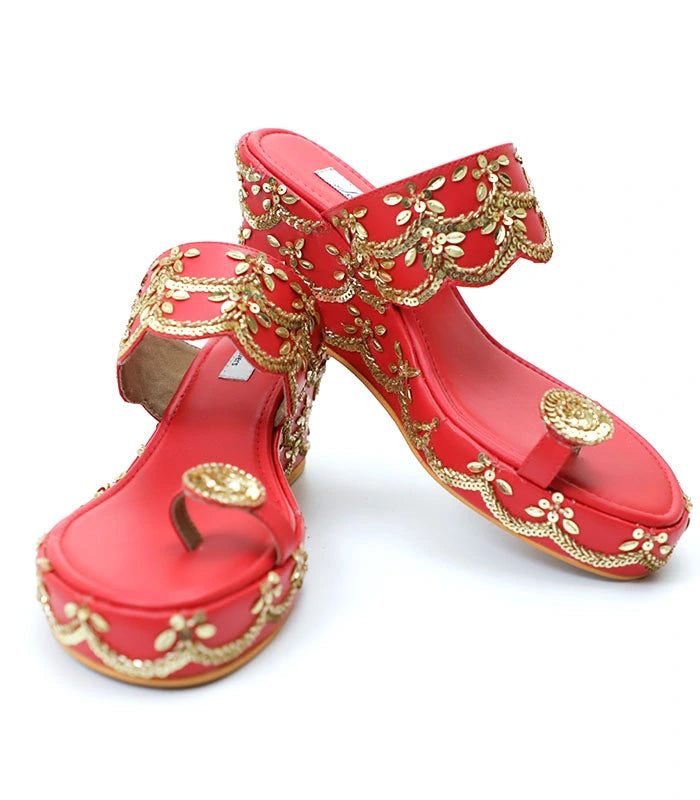 Rubina Tikki Work Hand Embroidered Wedge Heels in Red