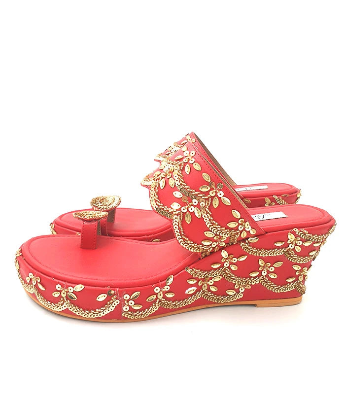 Rubina Tikki Work Hand Embroidered Wedge Heels in Red