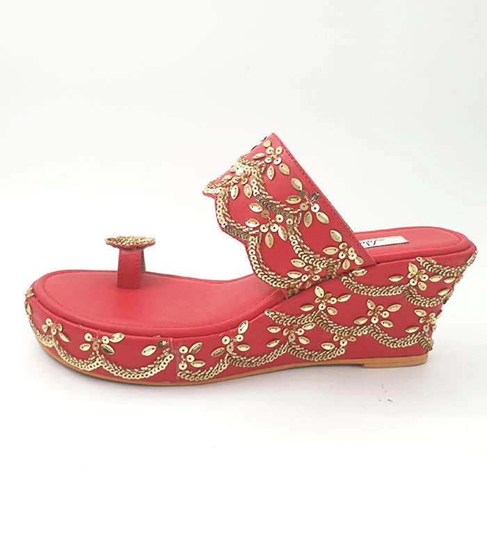 Rubina Tikki Work Hand Embroidered Wedge Heels in Red