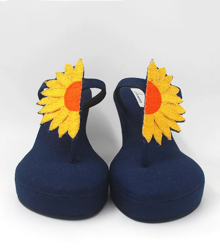 Sunrise Hand Embroidered Cushioned Denim Wedges