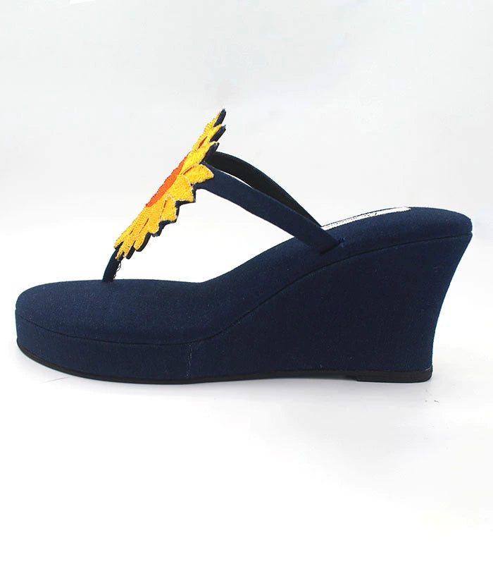 Sunrise Hand Embroidered Cushioned Denim Wedges