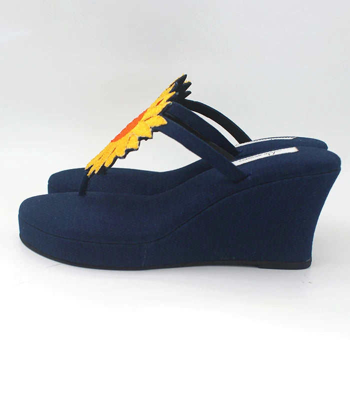 Sunrise Hand Embroidered Cushioned Denim Wedges