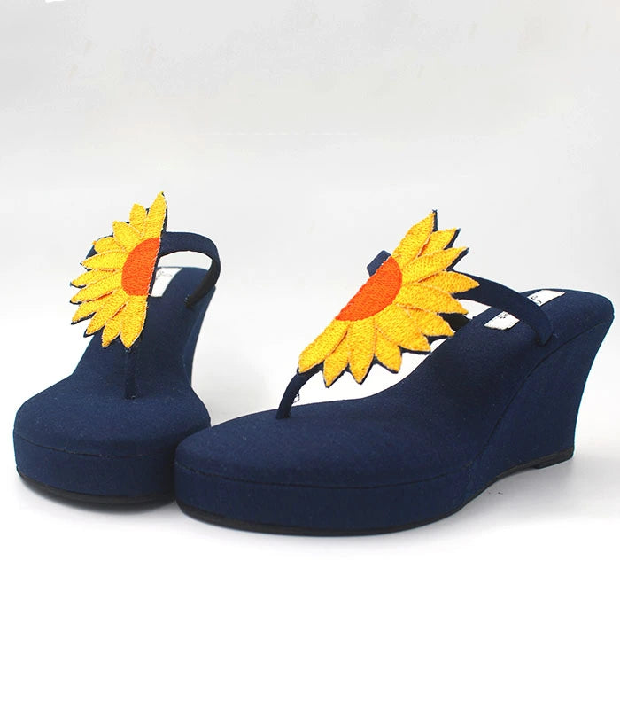 Sunrise Hand Embroidered Cushioned Denim Wedges