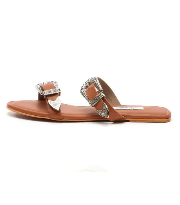 Two Strap Slides with Artistic Buckle Detailing Tan